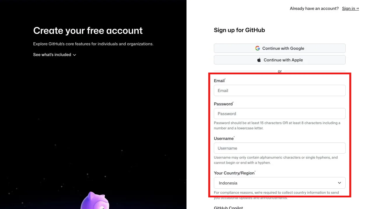 Форма регистрации GitHub с выделенными полями