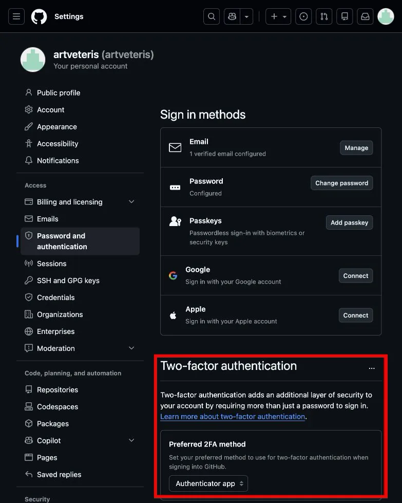 Настройки GitHub с выделенным блоком двухфакторной защиты