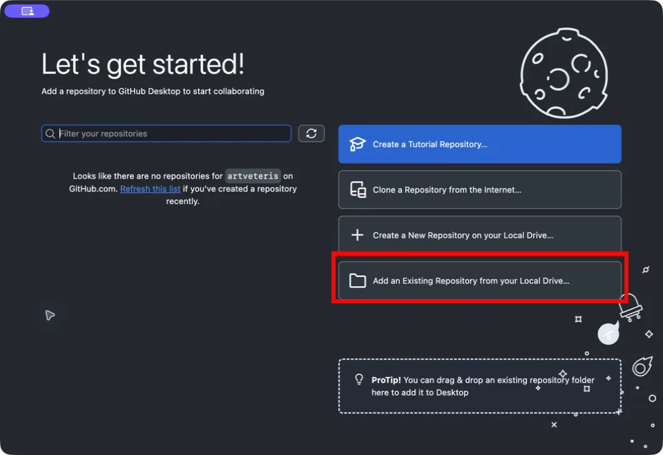 Экран GitHub Desktop с выделенной кнопкой добавления существующей папки