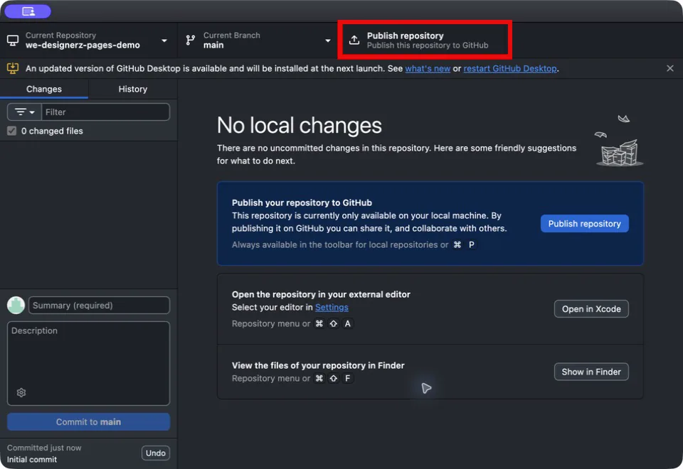 GitHub Desktop после первого коммита с выделенной кнопкой Publish repository