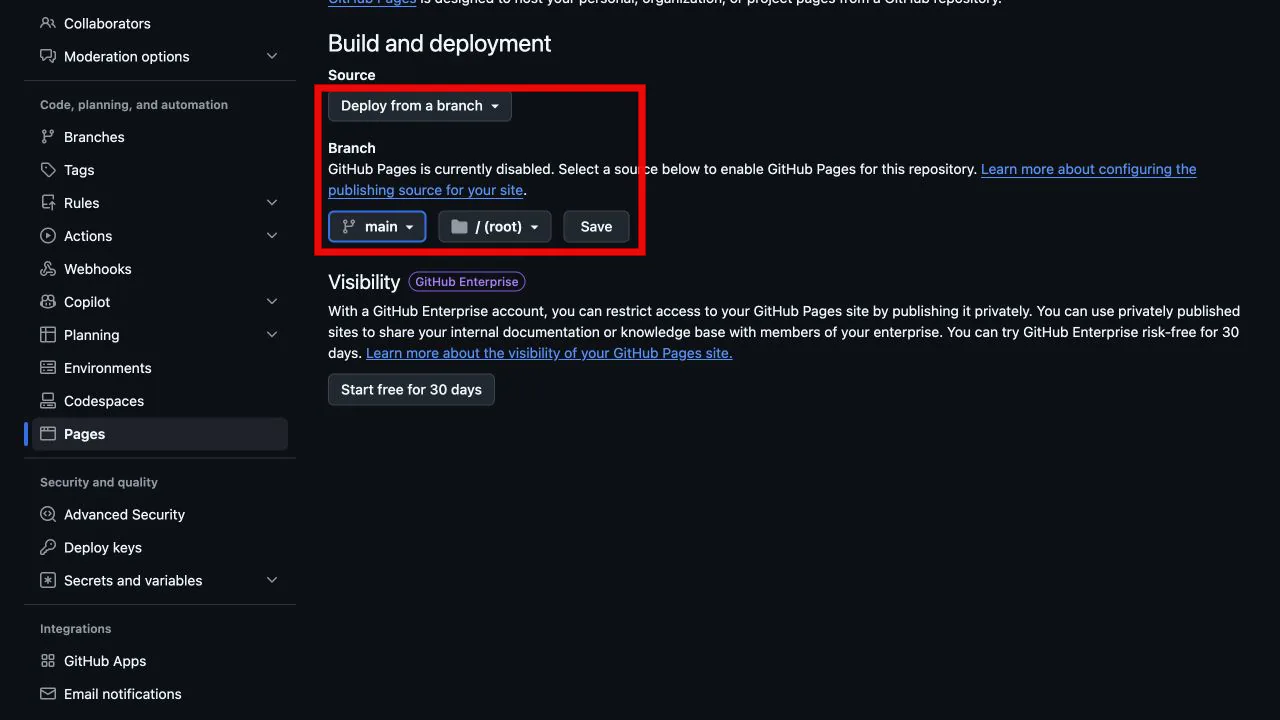 Настройка GitHub Pages с веткой main и корневой папкой