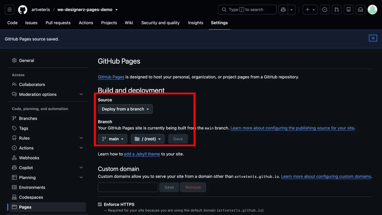 GitHub Pages готовит сайт из ветки main